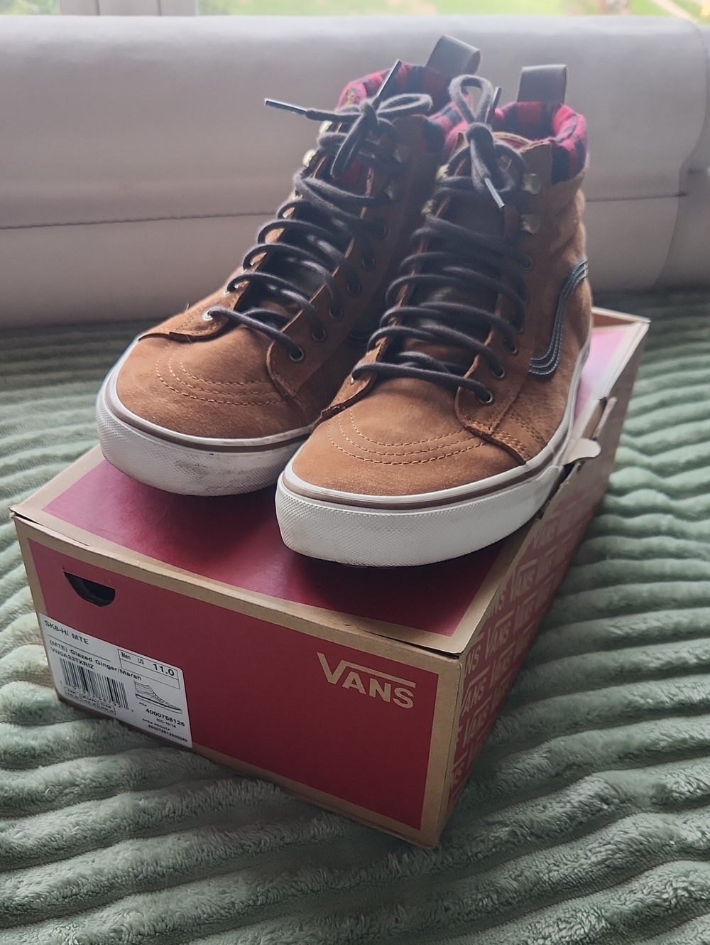 Vans Brown Suede High-Top Sneakers with Red Plaid Lining